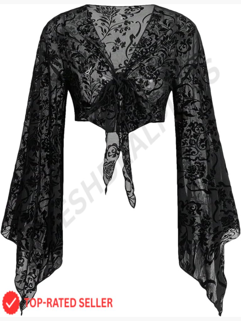 Floral V Neck Tie Front Long Bell Sleeve Sheer Crop Top Blouse